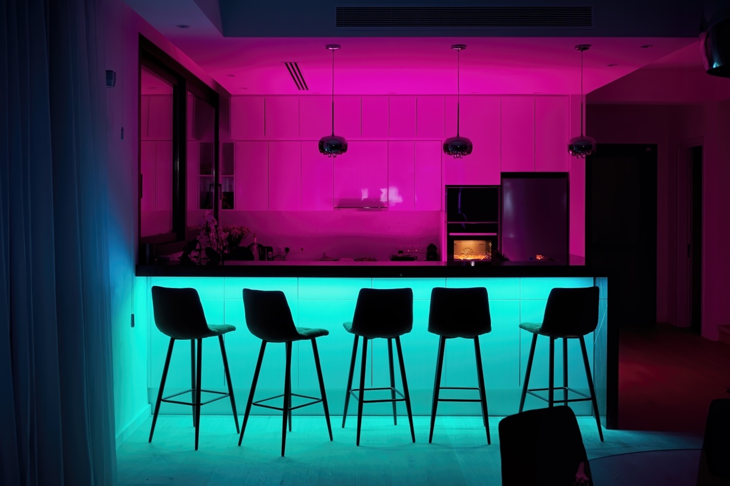 minibar,chairs,pinklighting,bluelighting