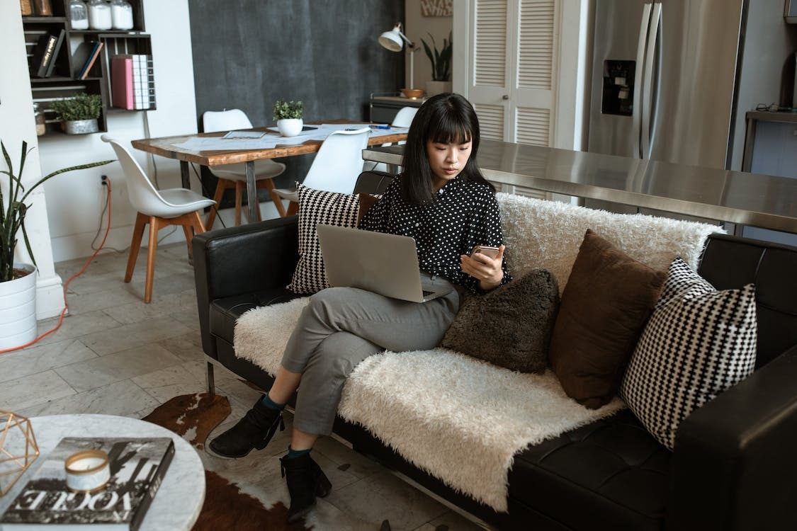 woman,laptop,phone,reading