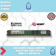 Ram (4gb DDR3 1600 mhz), Kingston, Desktop Dual Sided, Non-ECC ( DIMM, 240-PIN KVR16N11S8/4)