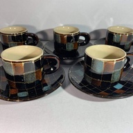 Brown Checkered Porcelain Cups and Saucers