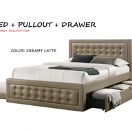 queen size upholstered bed with pullout and drawers