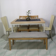 6 seater dining set: 2x wooden chair 2x leather chair 1x Bench 1x dining table