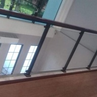 Metal Railings with Black Paint and Wooden Toprail with Tempered Glass