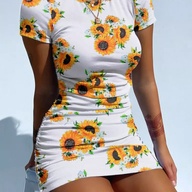 Slim Sheath Short Dress Ladies Young Style Sunflower Mini Dress Summer Drawstring