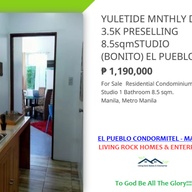 YULETIDE PROMO ONLY 3,500 MONTHLY DP PRE-SELLING 8.5sqm STUDIO EL PUEBLO CONDORMITEL MANILA NEAR PUP MAIN CAMPUS