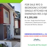 FOR SALE RFO 2-STOREY 3-BEDROM SINGLE ATTCHED EMINEZA RESIDENCES III SAN JOSE DEL MONTE 5.2M SELLING PRICE 10K TO RESRVE