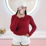 Red Cable Knit Long Sleeves Sweatshirt