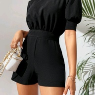 PETITE Keyhole Back Puff Sleeve Stand Collar Romper