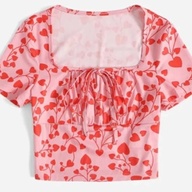 Allover Heart Print Front Knot Square Neck Tee Crop Top