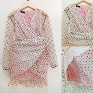 Cute Pinkish Polka Dots Dress Wrap Around Style Back Zipper, Mesh See Through Sleeves Very Cute and Chic