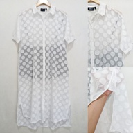 Polka Dots White See Through Style Long Polo Dress for Women, Beach Summer Vibes, Smart Casual size up to Large