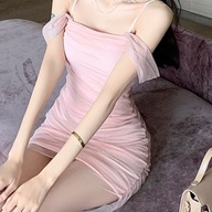 Blush Old Rose Mesh Ruched Party Dress