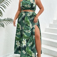 Plus Size Terno Tropical Print Cami and Slit Thigh Skirt