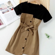 Girls Button Front Belted Combo Fitted Dress