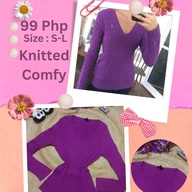 V Neck Purple Knitted Sweater