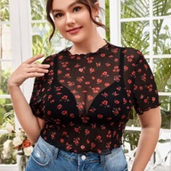 SHEIN PRIVE PLUS LETTUCE TRIM FLORAL PRINT SHEER TOP