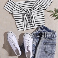SHEIN EZWEAR KNOT FRONT STRIPED RIB-KNIT TEE