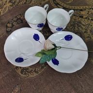 Footed Blue Tulip Coffee Cups and Saucer Set