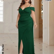 Shein Belle Plus size solid color cold-shoulder strap mermaid style dress with cross front slit hem